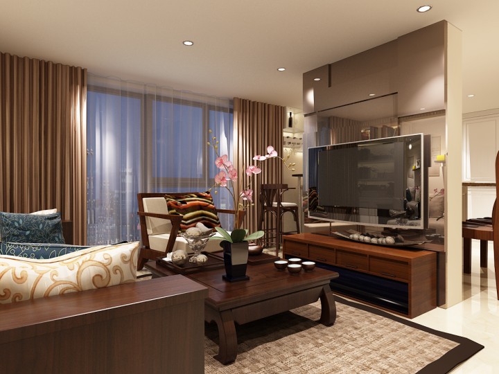 新中式风格，沉稳的色调打造富有韵味的住宅氛围。